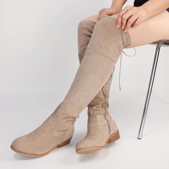 Hawkwell Women's Khaki Low Flat Heel Thigh High Over The Knee Fashion Boots - Picture 2 of 5